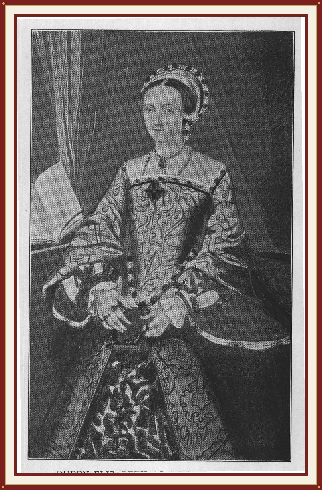 Queen Elizabeth as a young woman — the frontispiece, and the book's final mystery