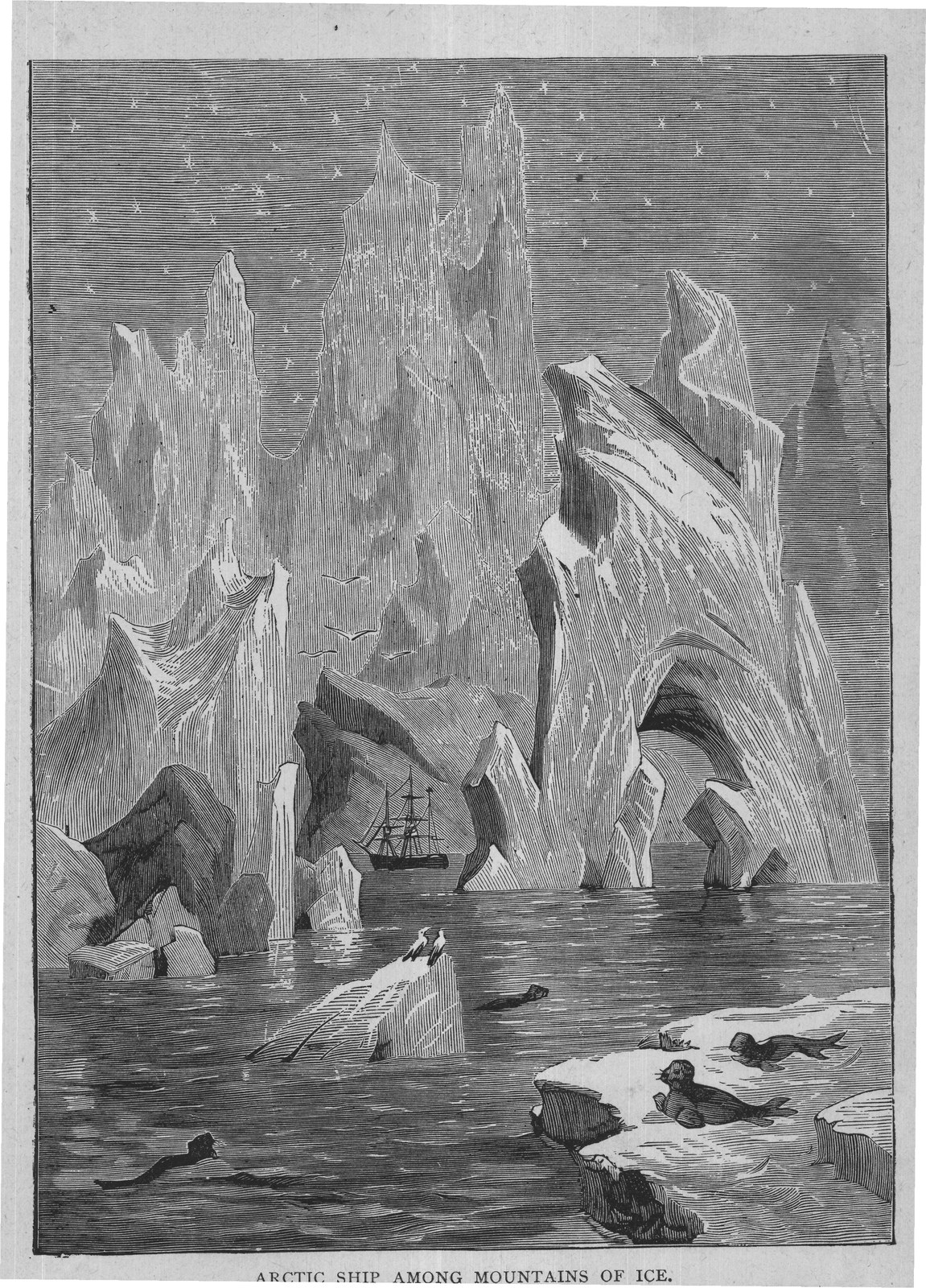 ARCTIC SHIP AMONG MOUNTAINS OF ICE.