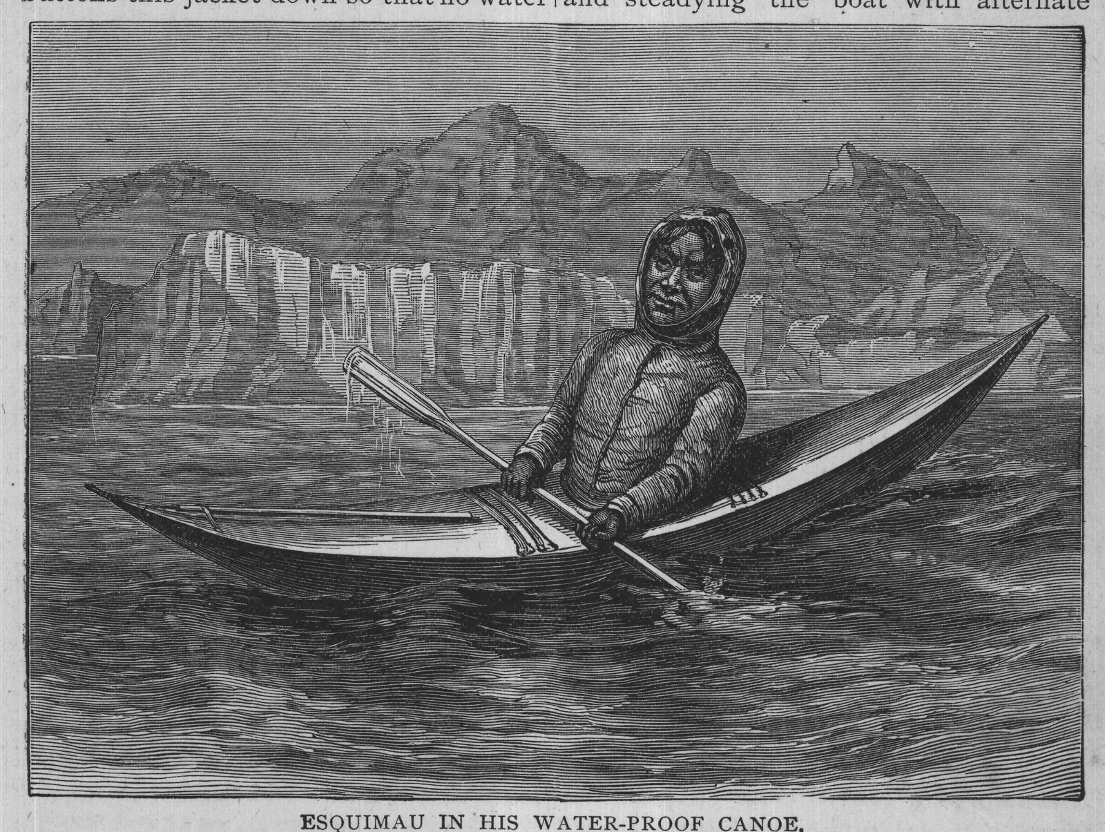 ESQUIMAU IN HIS WATER-PROOF CANOE.