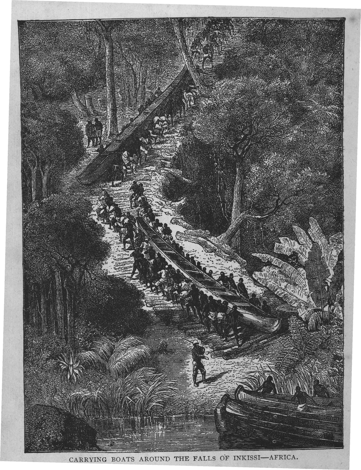 Carrying Boats Around the Falls of Inkissi-Africa — from Museum of Wonders (1900)