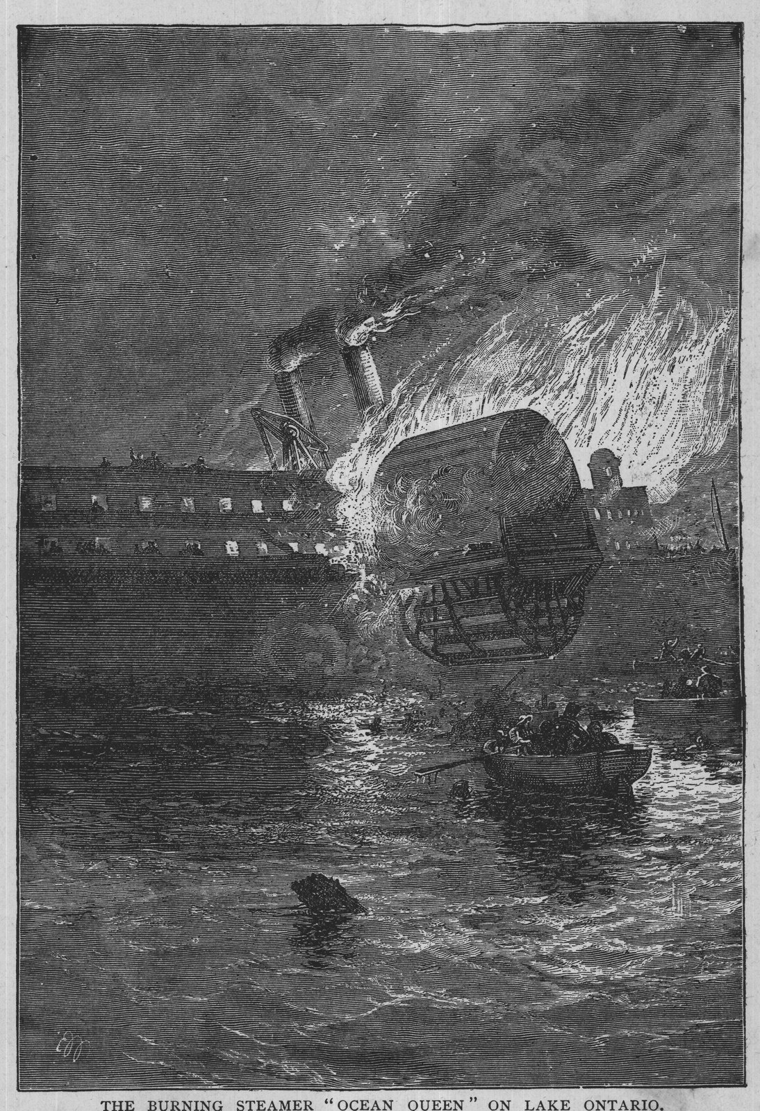 THE BURNING STEAMER "OCEAN QUEEN ON LAKE ONTARIO.